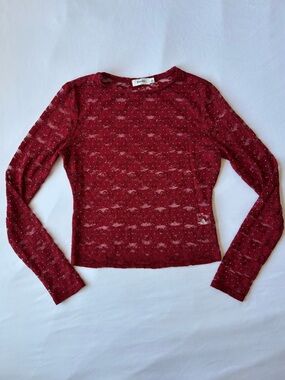 Red lace see through long sleeve top